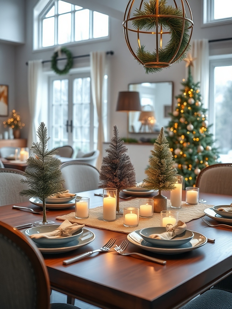 A beautifully set holiday table with mini Christmas trees as place holders, surrounded by candles and festive decor.