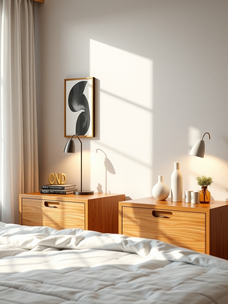 Two wooden nightstands with lamps and decorative items in a cozy bedroom setting.