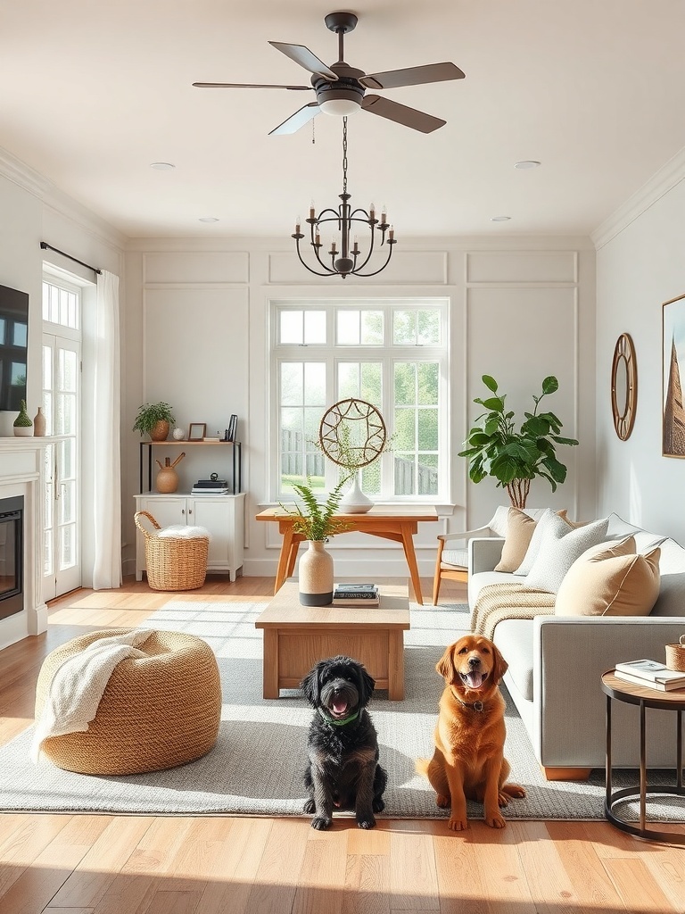 A cozy farmhouse living room featuring two dogs, a coffee table, and a stylish decor.