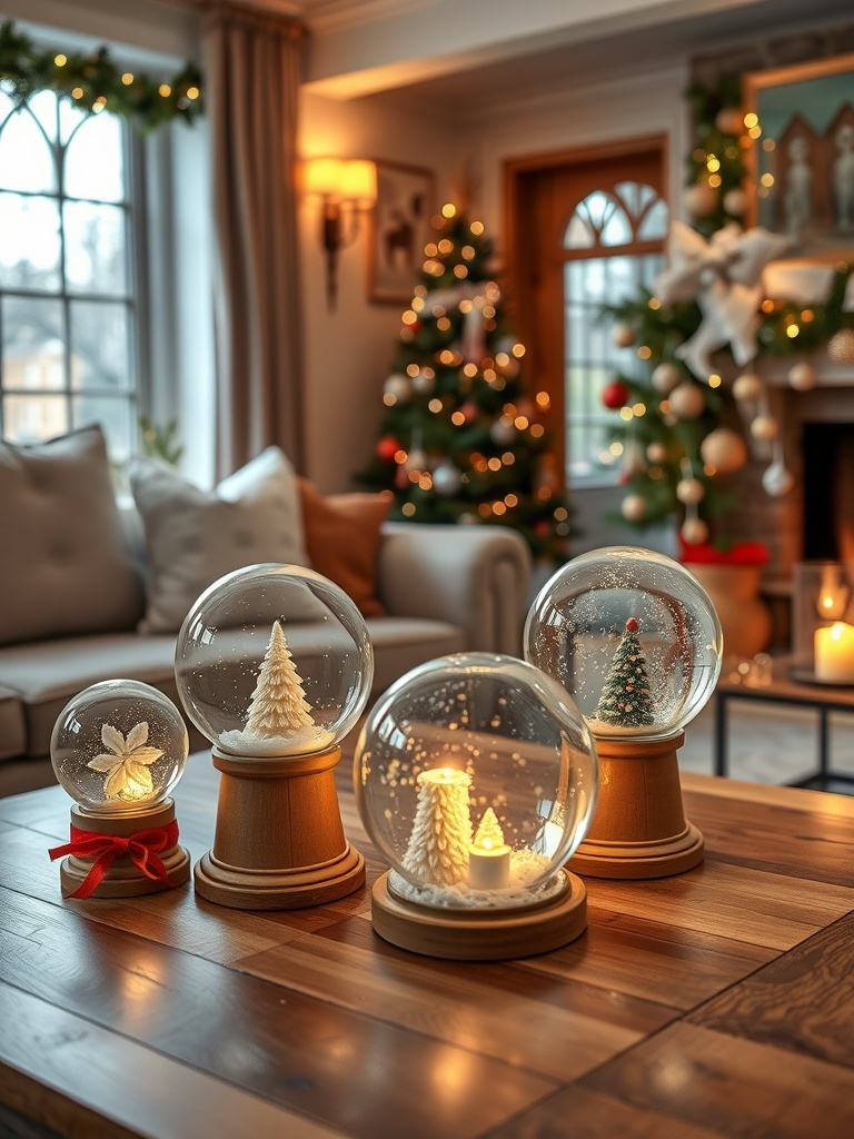 A collection of charming snow globes featuring snowy trees and warm lights, set in a cozy living room decorated for Christmas.