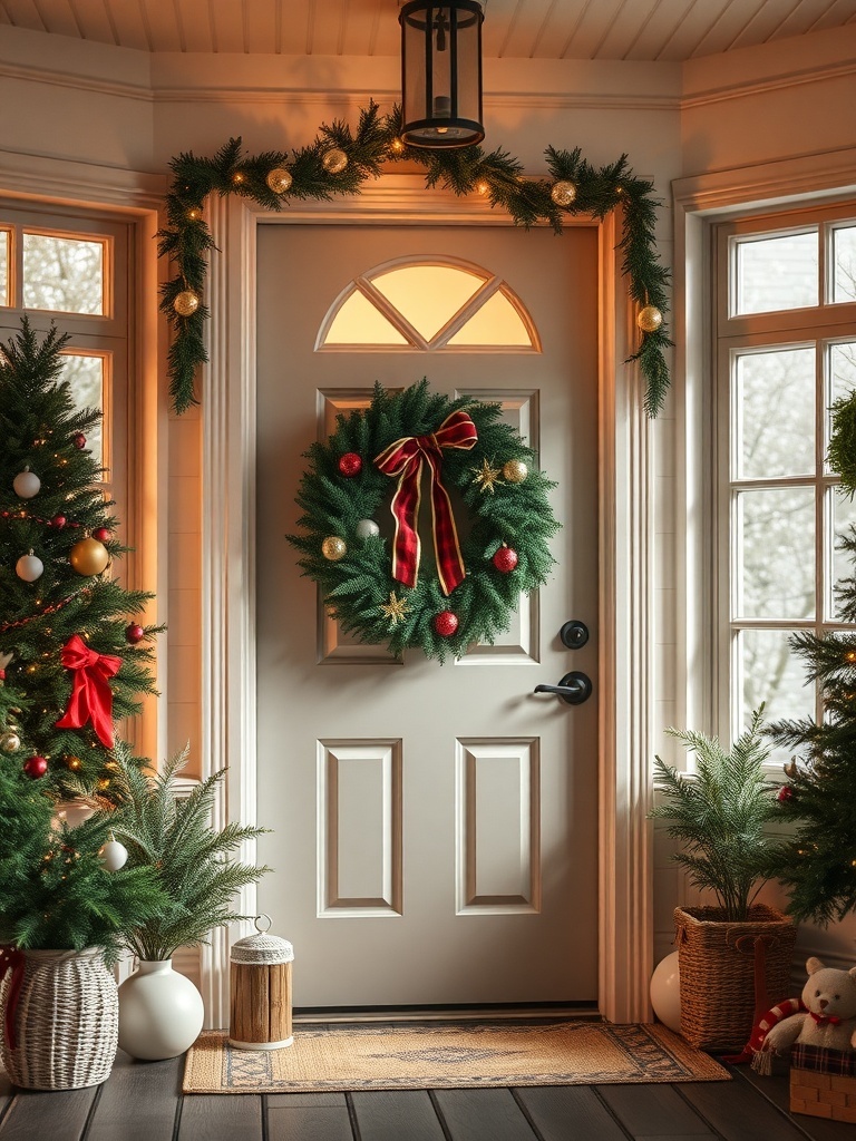 A decorated front door with a green wreath featuring red ribbons and ornaments, surrounded by festive plants.