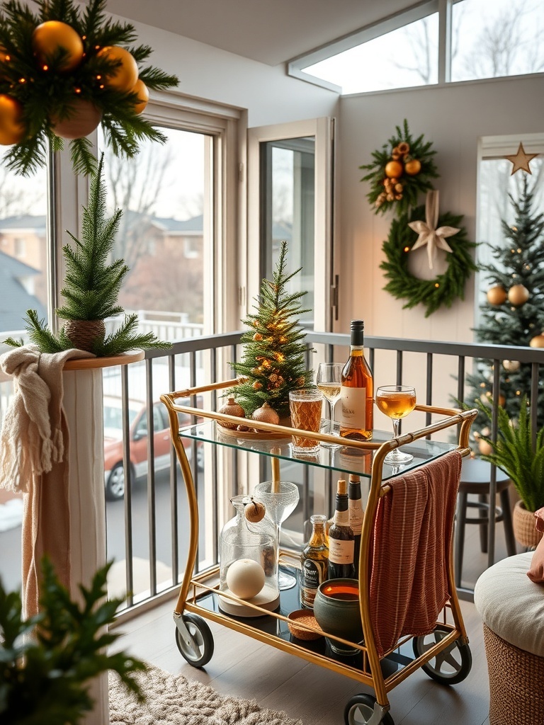 A stylish bar cart on a balcony, decorated with drinks, glassware, and small plants.