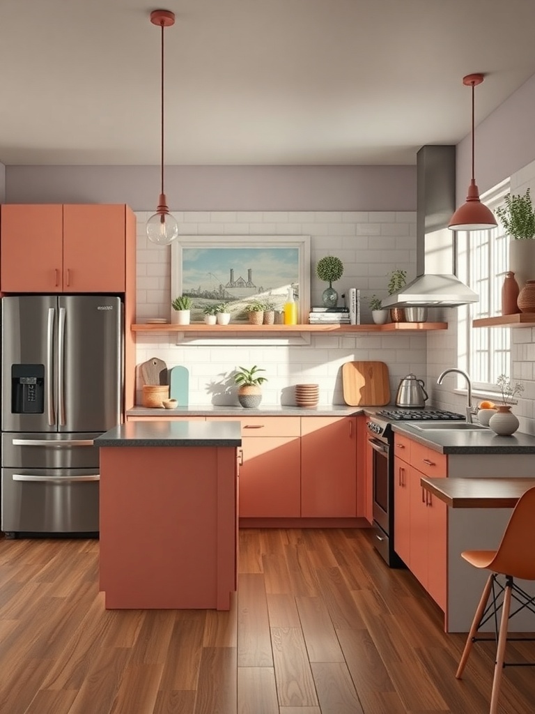 Modern kitchen with coral cabinets, stainless steel appliances, and wooden flooring.