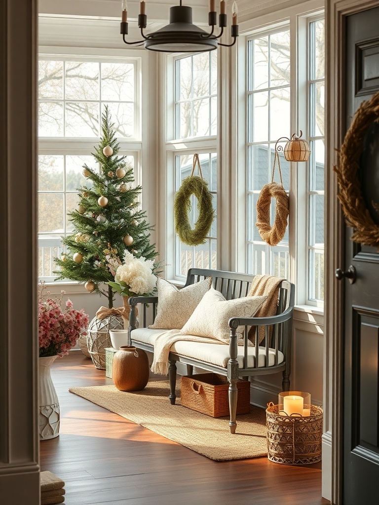 Chic entryway with a bench, greenery, and warm lighting.