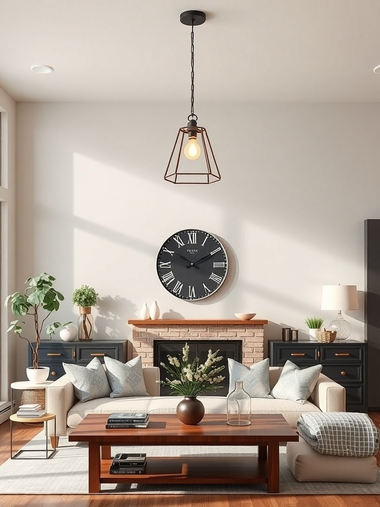 A stylish farmhouse living room featuring a pendant light, a large clock, and a cozy seating arrangement.