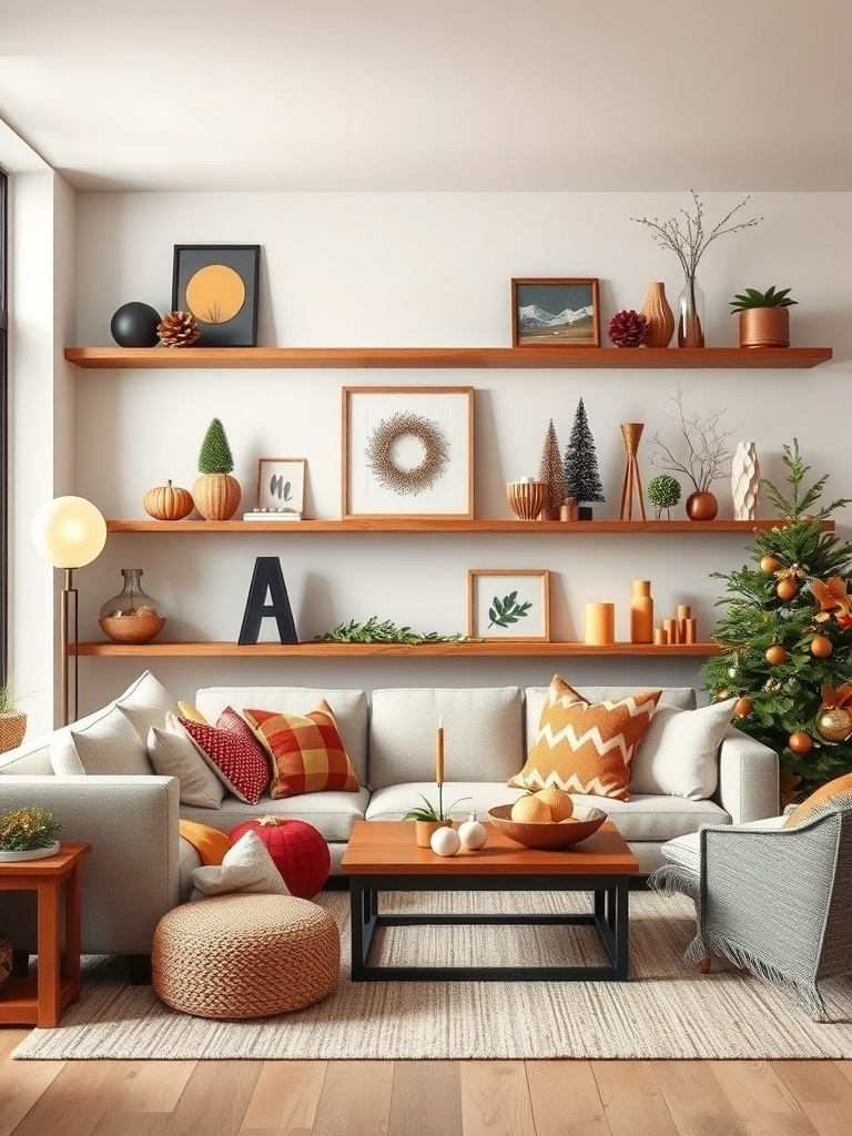 A cozy living room featuring chic floating shelves adorned with decorative items.