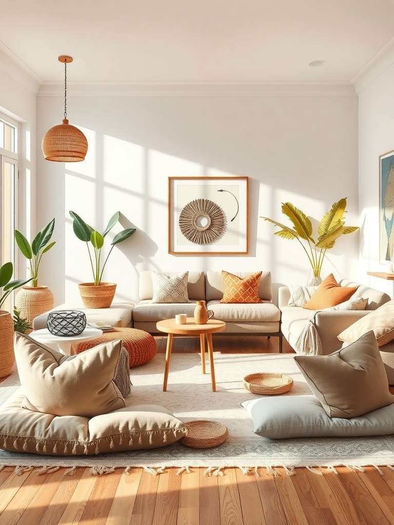 A stylish living room featuring floor cushions in a boho decor style.