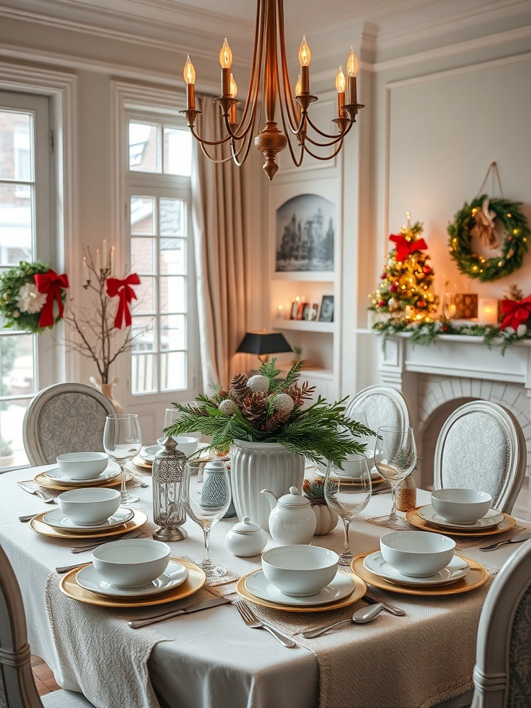 A beautifully set holiday dining table with white dishware, gold accents, and a festive centerpiece.