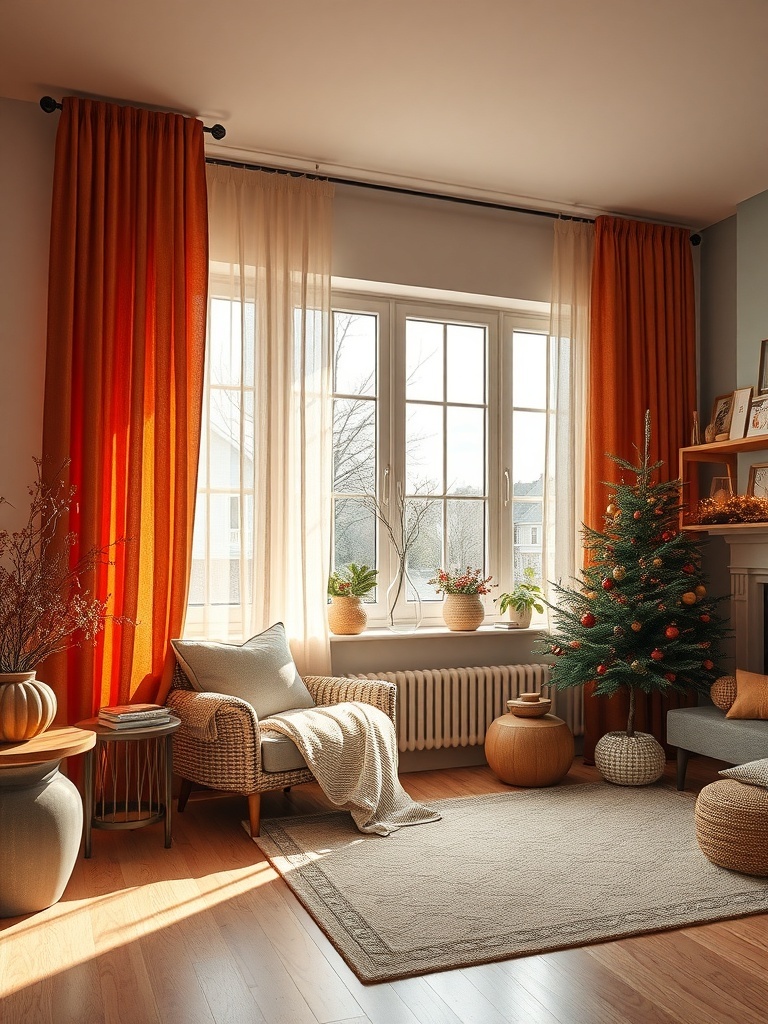 A cozy living room with layered curtains in warm colors, featuring a comfortable chair and a small Christmas tree.
