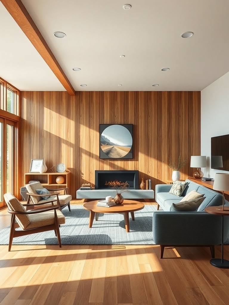 Chic mid-century modern living room with wood paneling and stylish furniture.