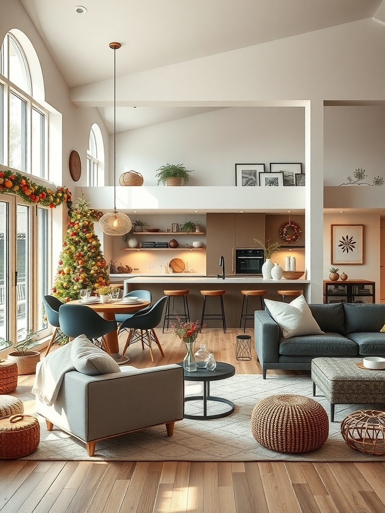 A chic open-concept living space featuring a cozy sofa, dining area, and modern kitchen.