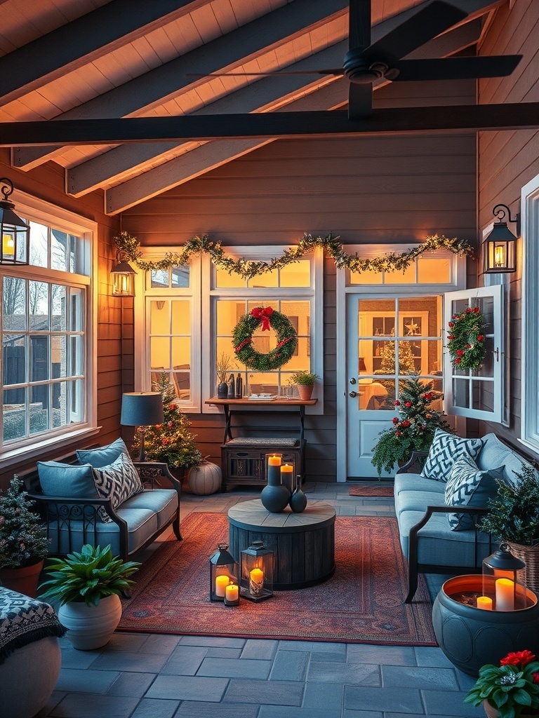 A cozy outdoor living space with comfortable seating, warm lighting, and seasonal decorations.