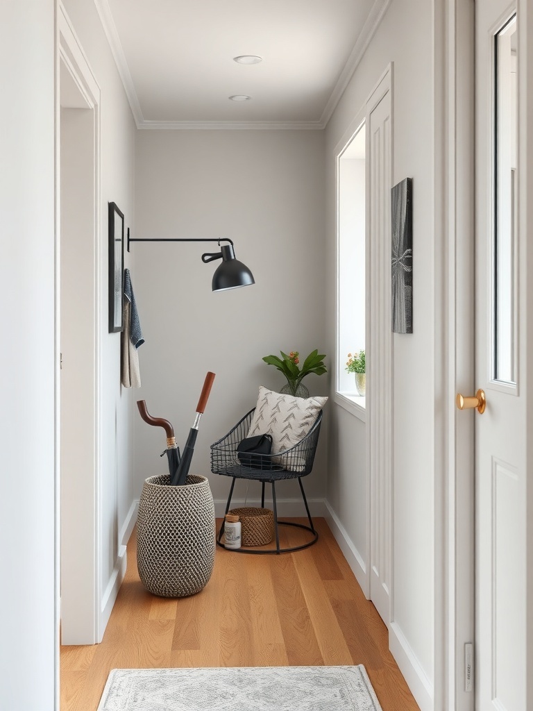 A chic umbrella stand in a modern entryway with a chair and decorative items.