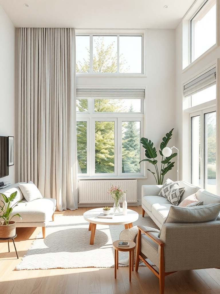 A Scandinavian living room featuring large windows with light curtains and blinds, a cozy sofa, and a stylish coffee table.