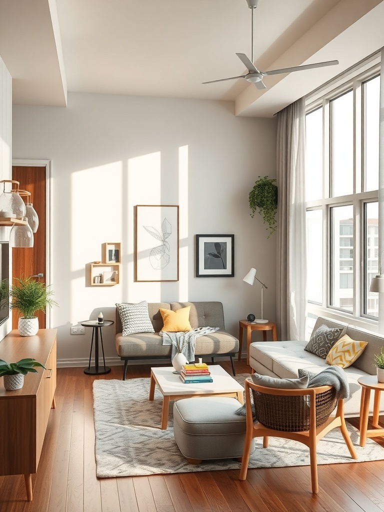 A bright and cozy living room with modern furniture, perfect for a child-friendly condo.