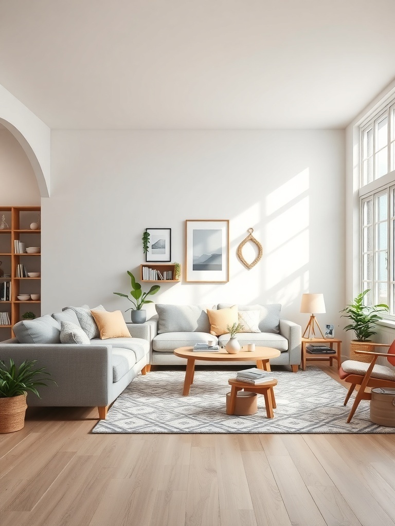 A bright Scandinavian living room featuring a cozy sofa, wooden furniture, and plants.