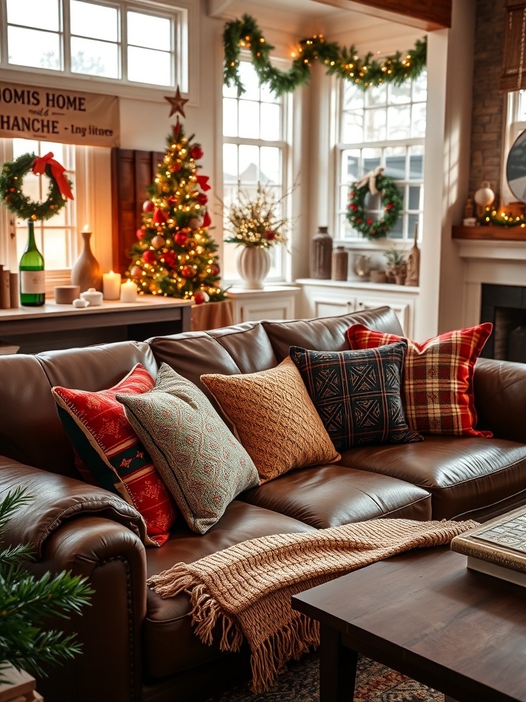 Cozy living room featuring a chocolate brown leather sofa with decorative pillows and a warm blanket.