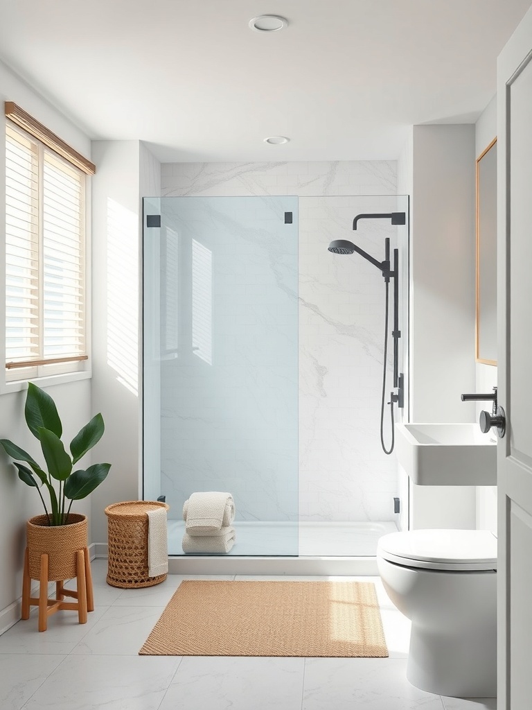 A modern small bathroom featuring a glass shower enclosure, a white sink, and a toilet, with natural light streaming in.