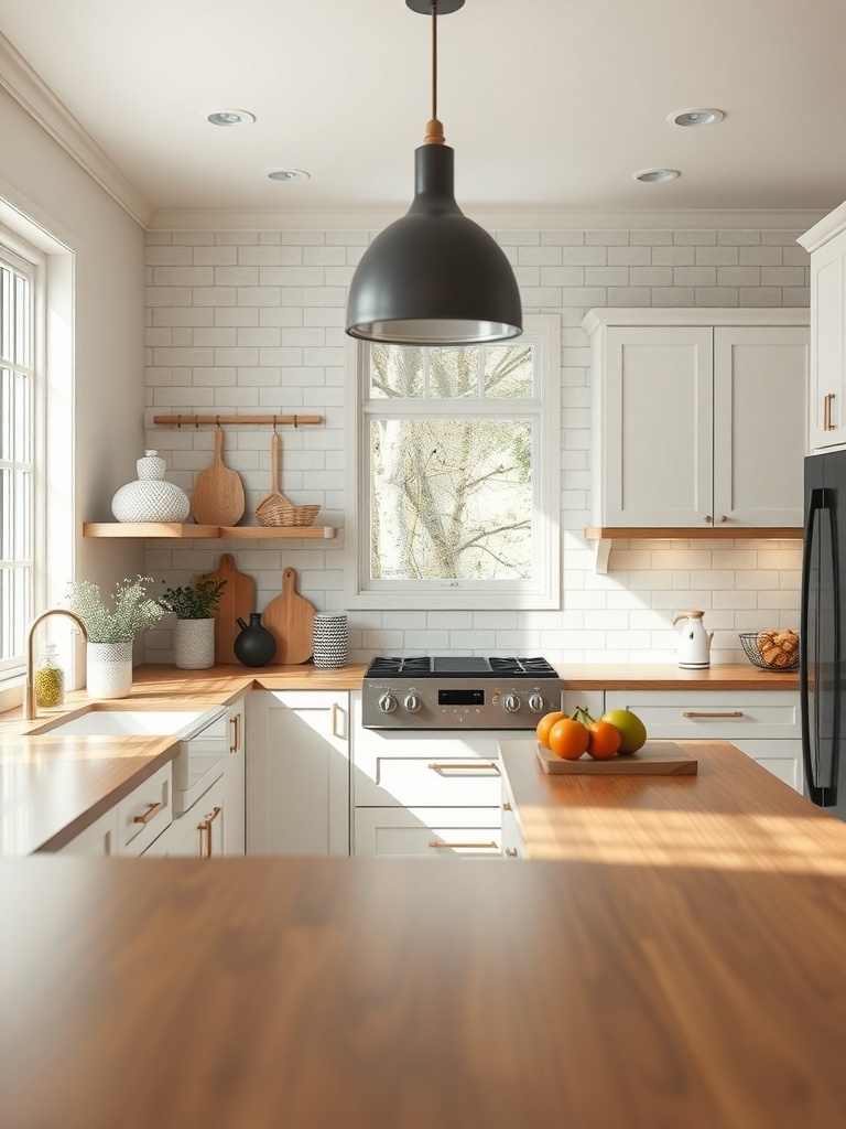 A bright kitchen featuring warm wood countertops, white cabinets, and modern lighting.