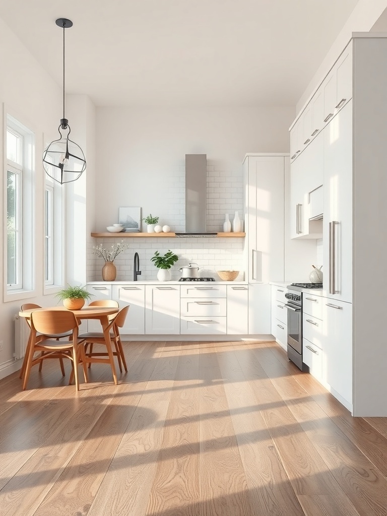 Bright kitchen with light wood flooring and modern appliances.