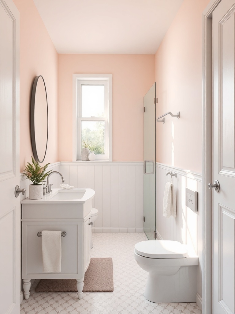 A small bathroom with light peach walls, white fixtures, and natural light from a window.