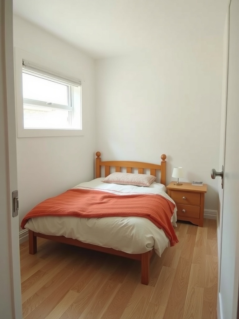 Cozy small bedroom with a compact bed and a nightstand