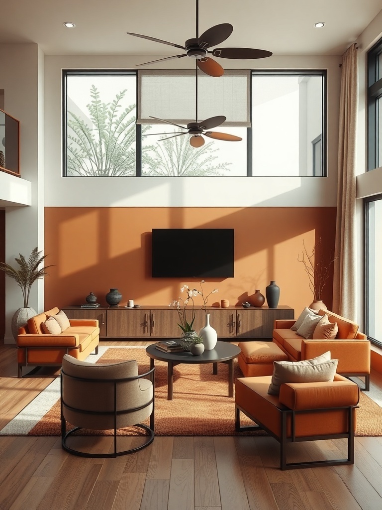 A cozy living room featuring a cinnamon and clay color scheme with warm tones, modern furniture, and large windows.