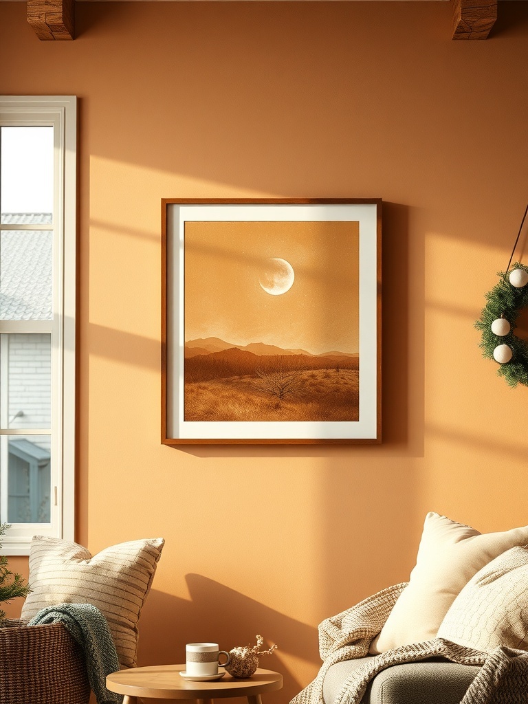 Cozy interior featuring cinnamon brown wall art with a framed landscape painting.