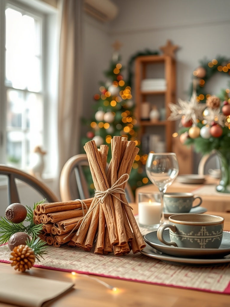 A cozy holiday table setting featuring bundles of cinnamon sticks, a cup, and festive decorations.