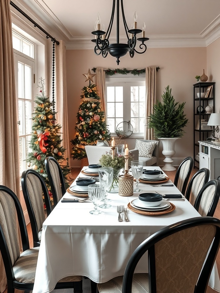 A beautifully set dining table in a classic black and white decor style, featuring a chandelier and festive decorations.