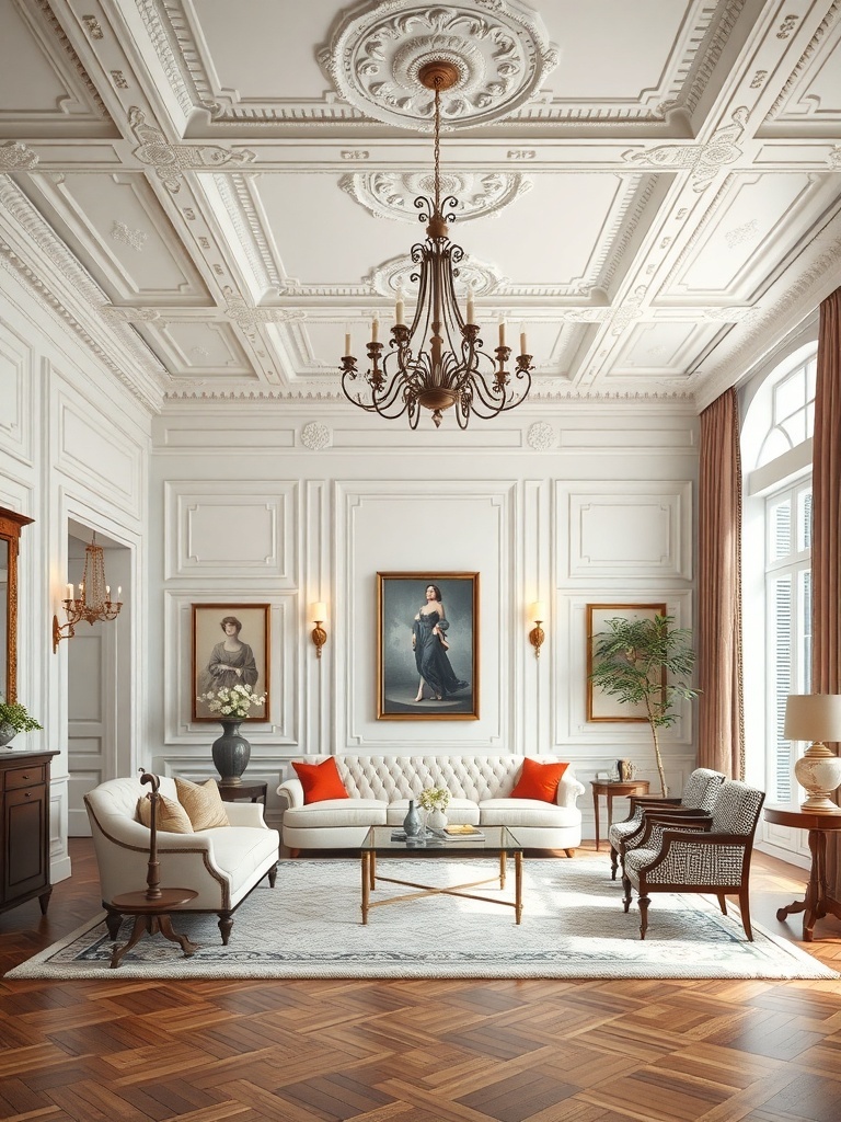 A luxurious living room with a high ceiling, chandelier, tufted white sofa, and classic artwork.
