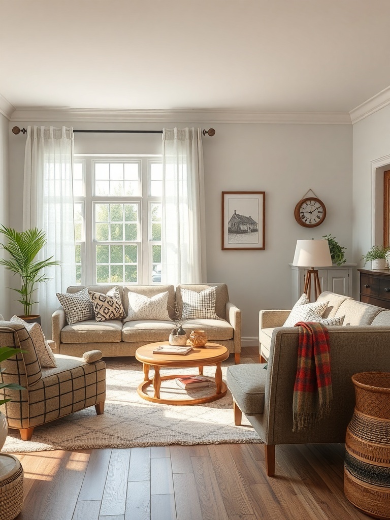 A cozy farmhouse living room featuring classic patterns in furniture and decor.