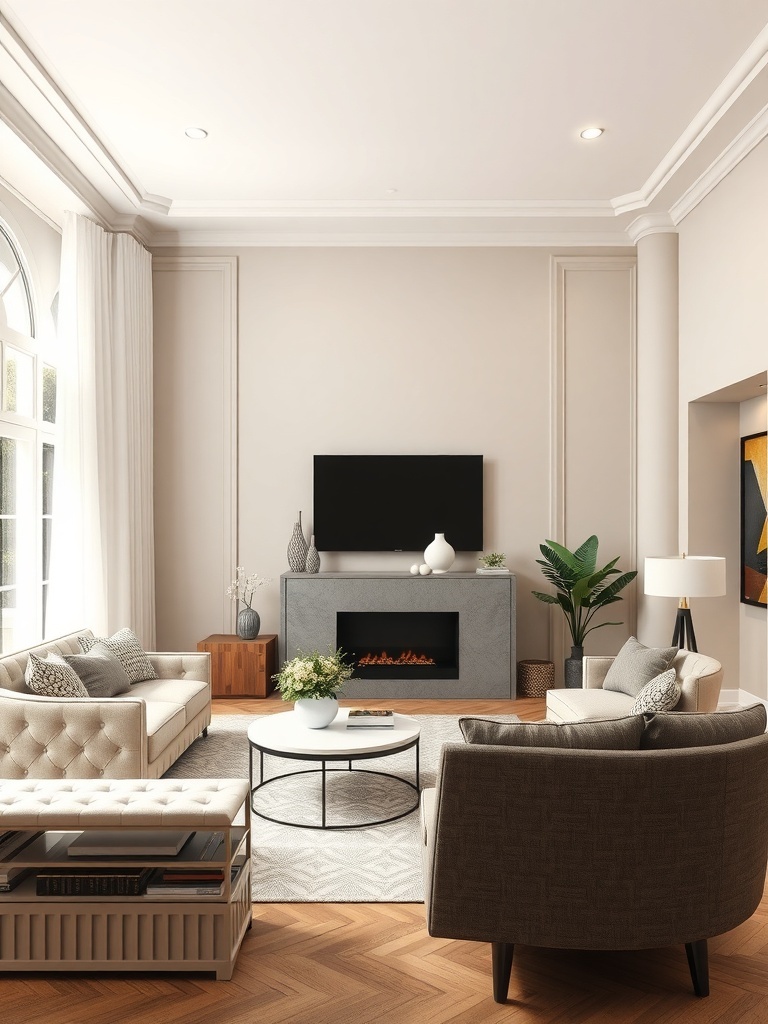 A stylish living room featuring greige walls, light sofas, and a round coffee table, with natural light streaming in.