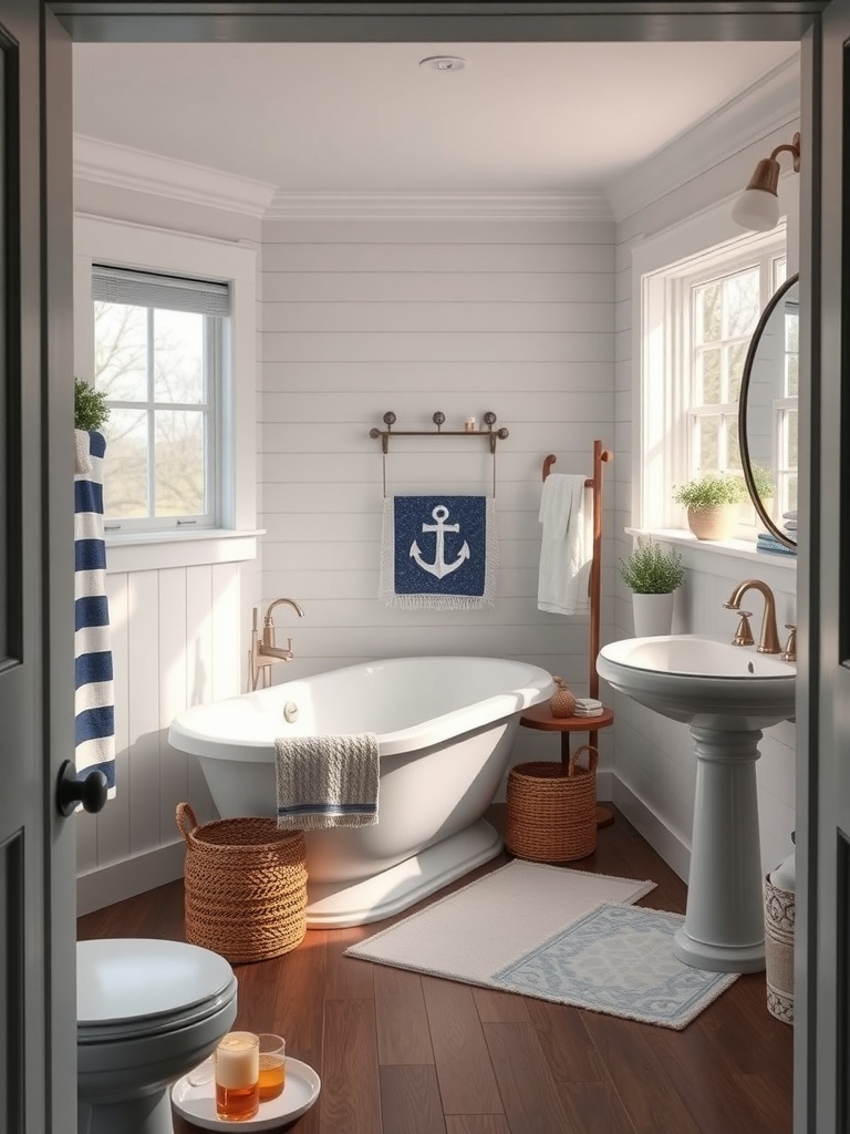 A stylish bathroom featuring navy and white decor with natural elements.