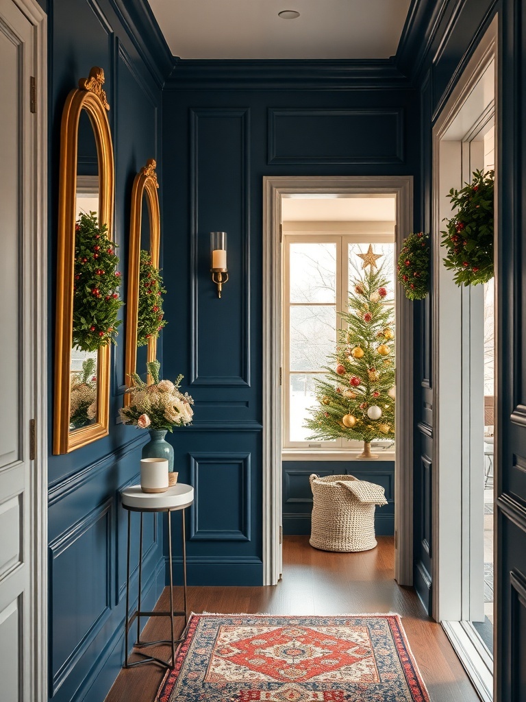 A hallway featuring classic navy blue walls, elegant mirrors, and holiday decor.