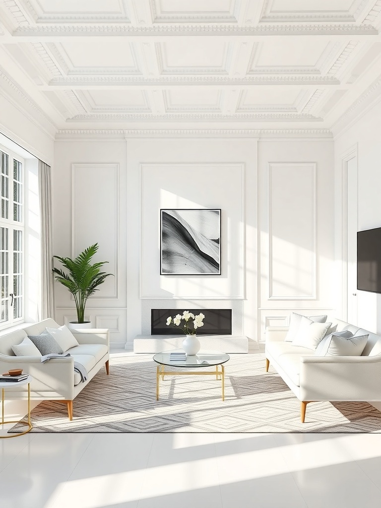 A bright and airy living room featuring classic white walls, modern furniture, and a touch of greenery.