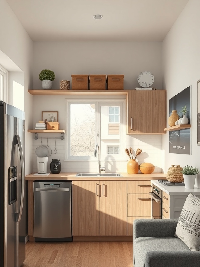 A modern kitchen with wooden cabinets and decorative storage boxes above the cabinets.