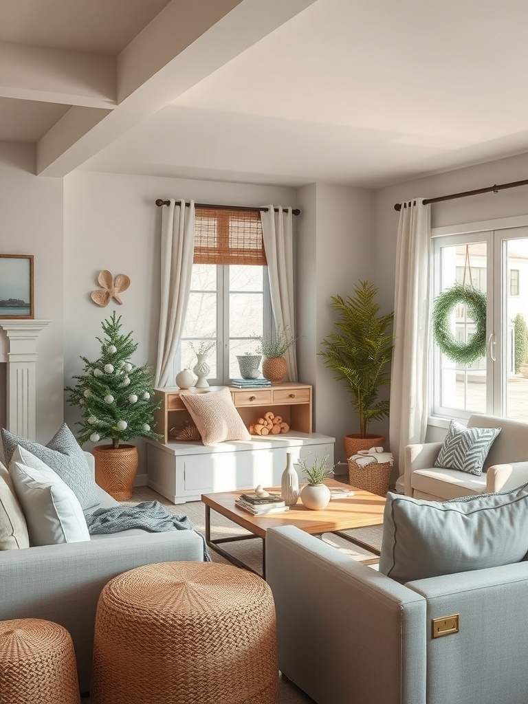 A bright and airy living room with coastal-inspired decor, featuring light colors and natural materials.