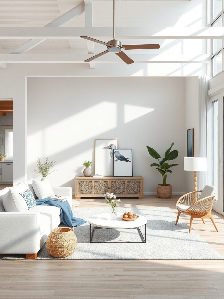 A bright and airy coastal living room featuring a white sofa, wooden beams, and natural decor.