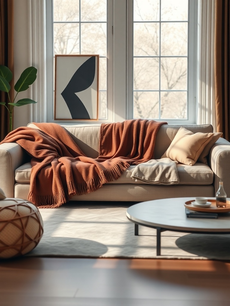A cozy living room with a cocoa brown throw blanket draped over a sofa, featuring light cushions and a round coffee table.