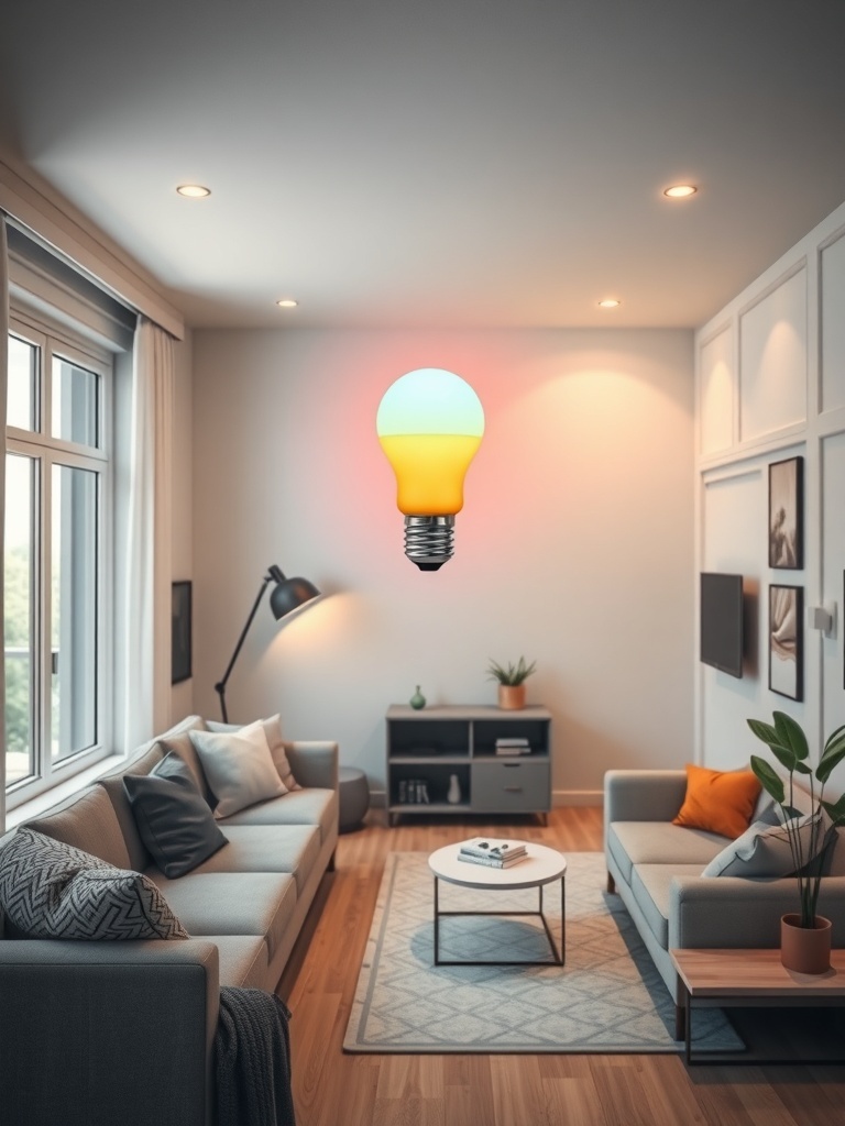A cozy living room featuring a color-changing smart bulb hanging above a coffee table.