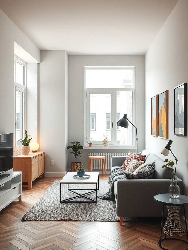 A cozy studio apartment with distinct color zones for living, sleeping, and working.