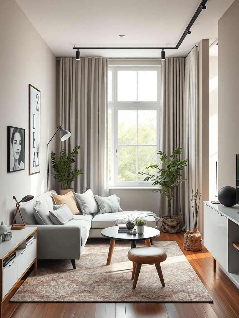 A cozy living room with a light color scheme, featuring a gray sofa, a round coffee table, and plants.
