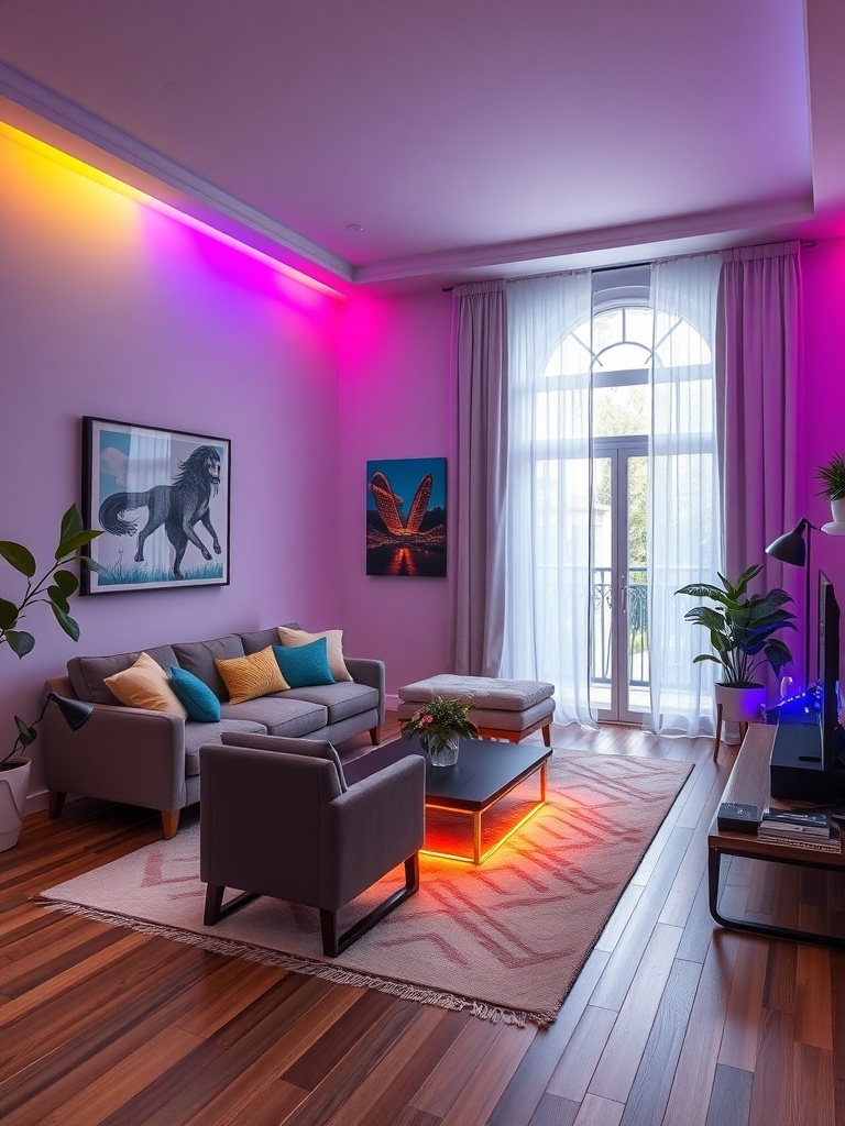 A cozy living room with colorful accent lighting, featuring a gray sofa, vibrant cushions, and a stylish rug.