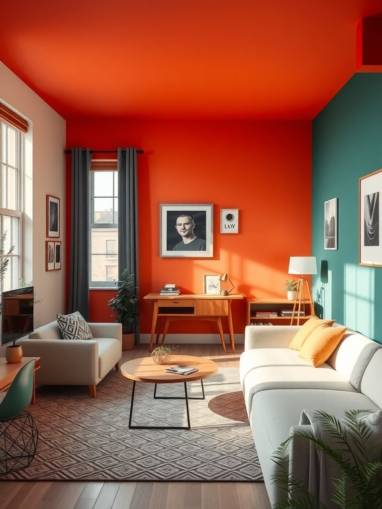 A cozy studio apartment featuring a vibrant orange accent wall and stylish decor.