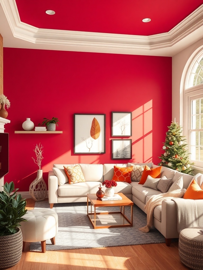A living room with a bold red accent wall, featuring a white sofa, colorful cushions, and a festive tree.