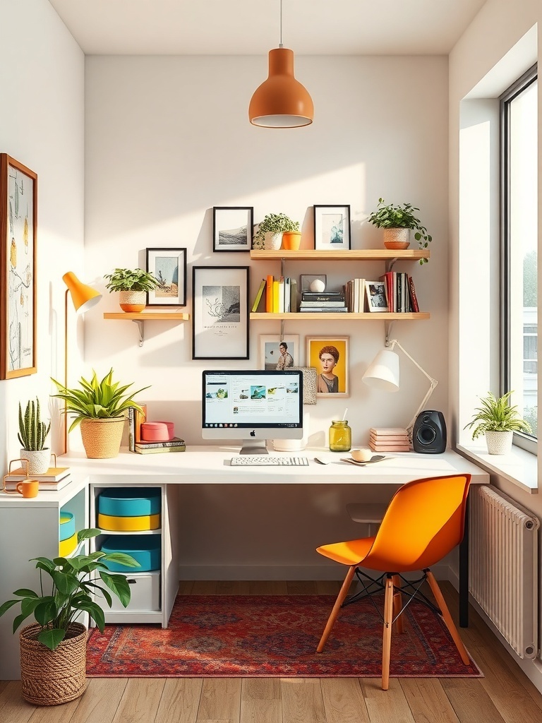 A bright and colorful workspace featuring an orange chair, colorful storage boxes, and plants.