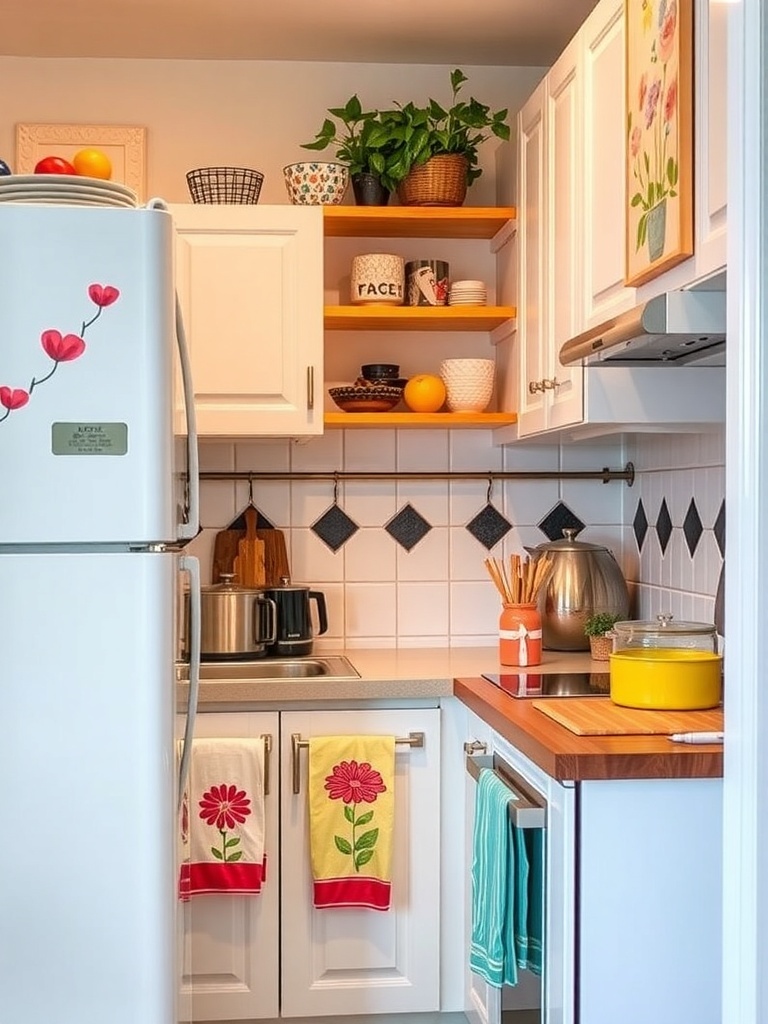 A small kitchen with colorful accents including vibrant dish towels, a yellow canister, and decorative plants.
