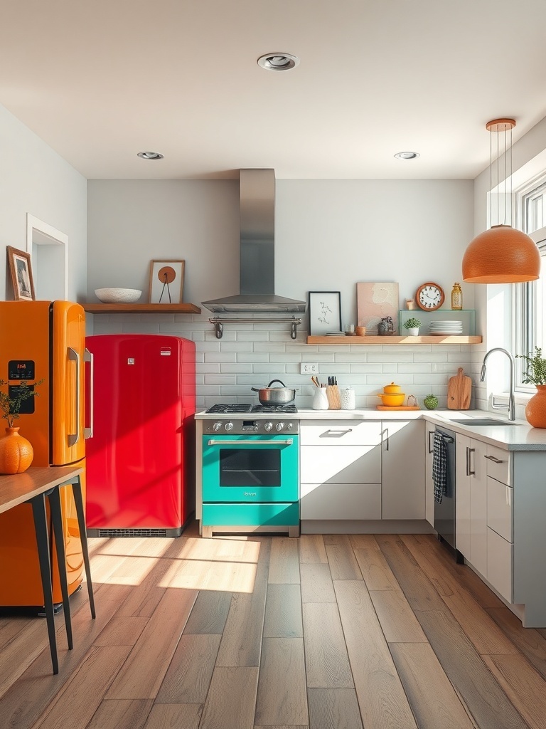 A modern kitchen featuring colorful appliances including a red refrigerator, orange accents, and a teal oven.