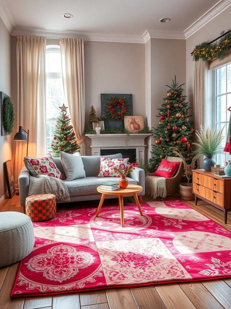 A cozy living room featuring a colorful area rug, decorated for spring.